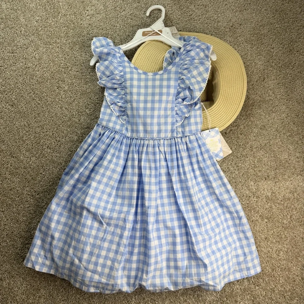 Tommy Bahama Dress Girls 7 Blue Gingham Sleeveless Ruffle Bow Hat Set Sundress